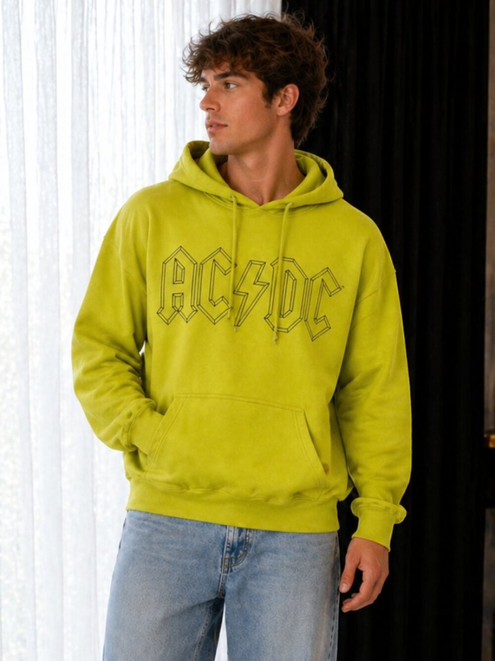 AC/DC Graphic Hoodie Neon Yellow Pullover Pocket